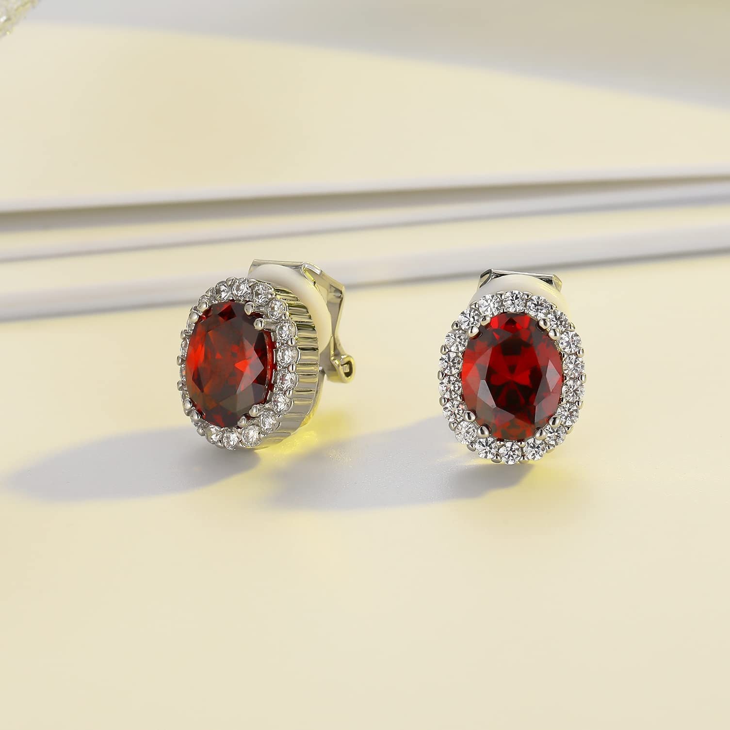 Red Zircon Oval Clip on Stud Earrings Non Pierced Stone Silver Tone