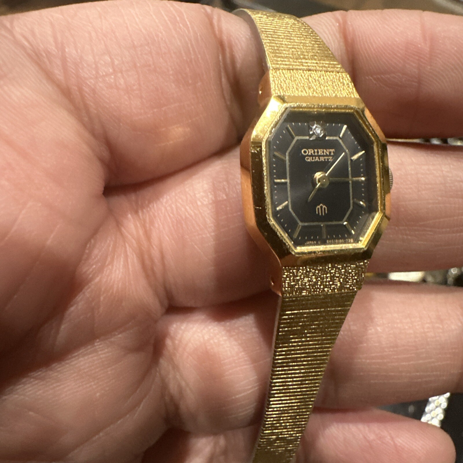 Works 17mm Orient Octagonal Ladies Bracelet Watch Black Dial Quartz Vintage