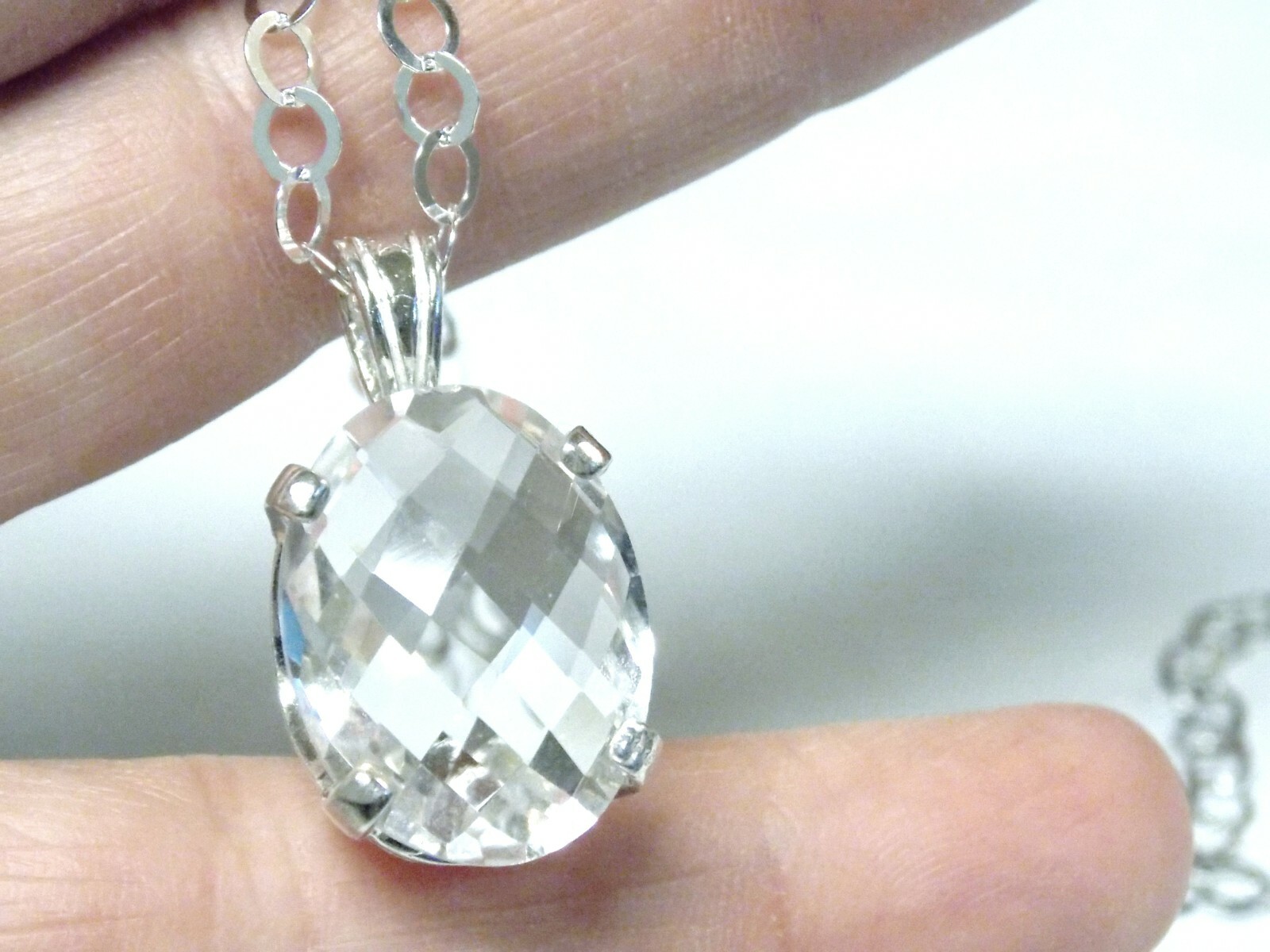 15ct Natural White Colorless Quartz 925 Sterling Silver Pendant + Chain USA Made