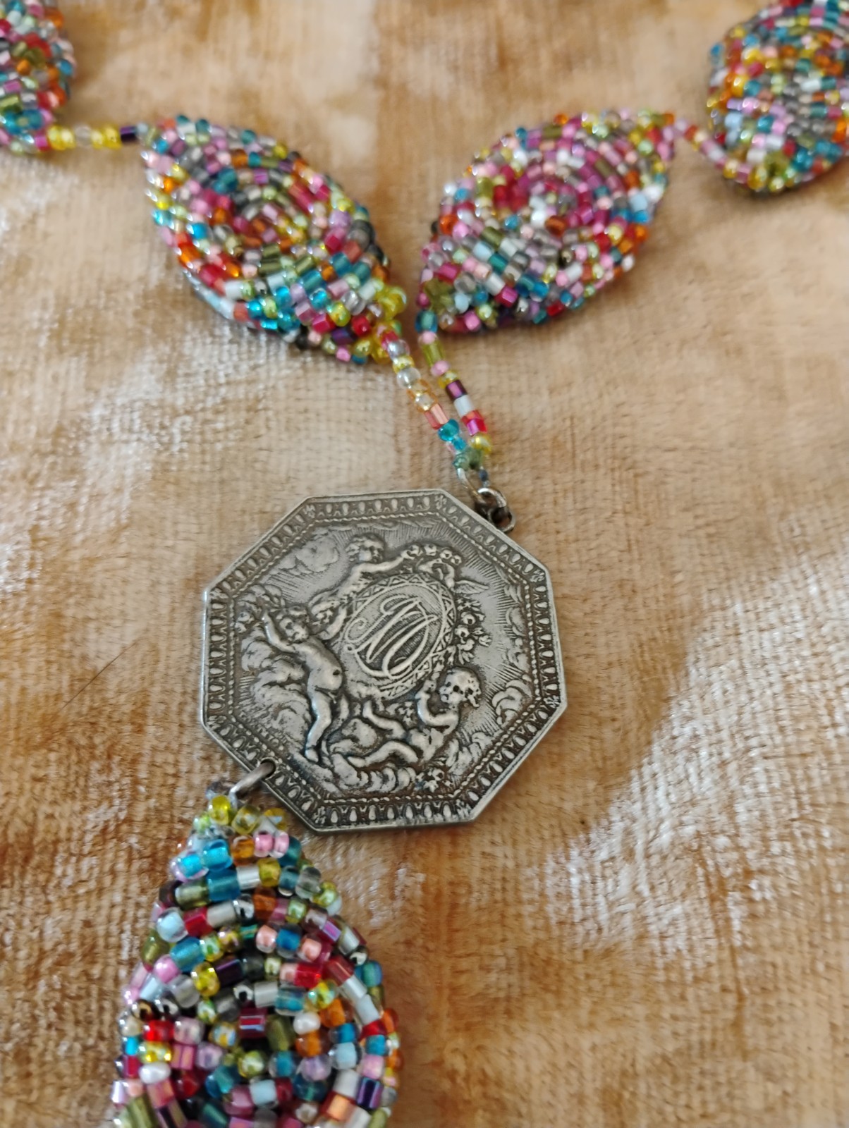 Stunning Antique Medal With Vintage Seed Beads Tassel Necklace Original