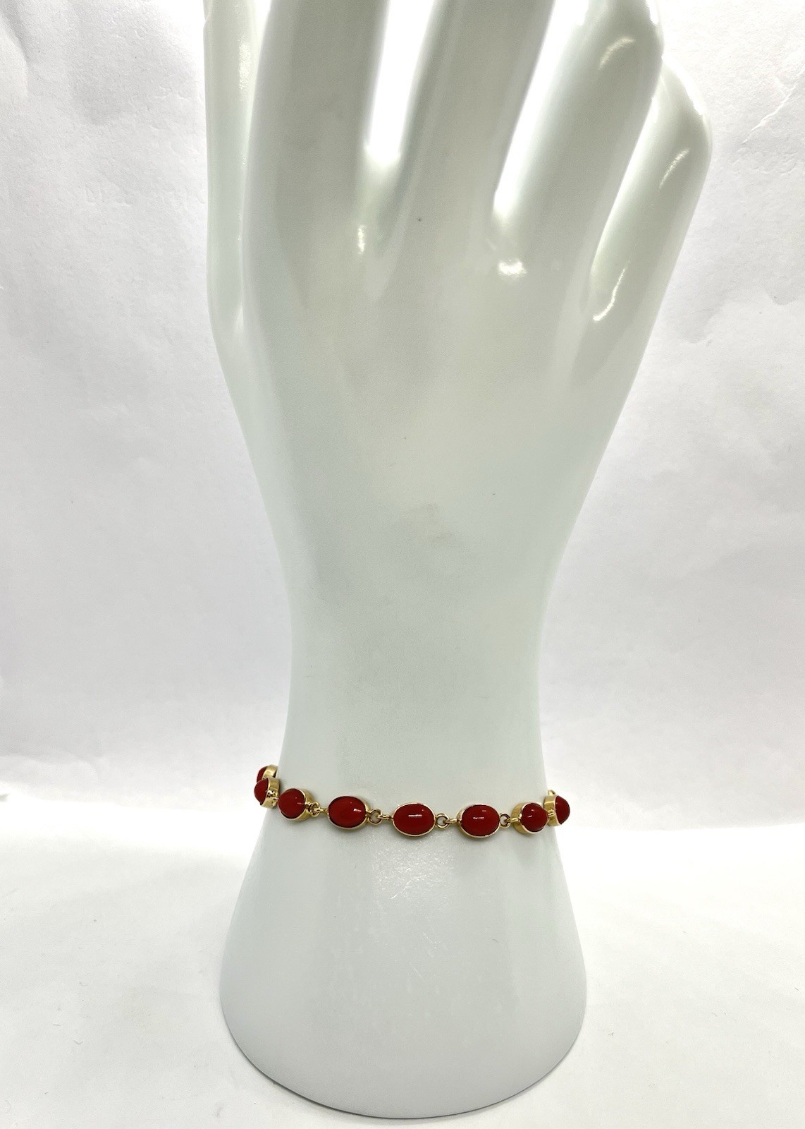 14kt Gold Bracelet with 14 Mediterranean Red Coral Cabochons 5x6mm – 17cm