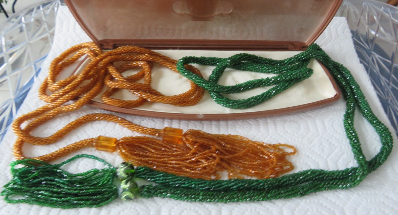Lot 2 Antique Braun Crystal Opera Beads, Green & Gold Tns, With Braun Case