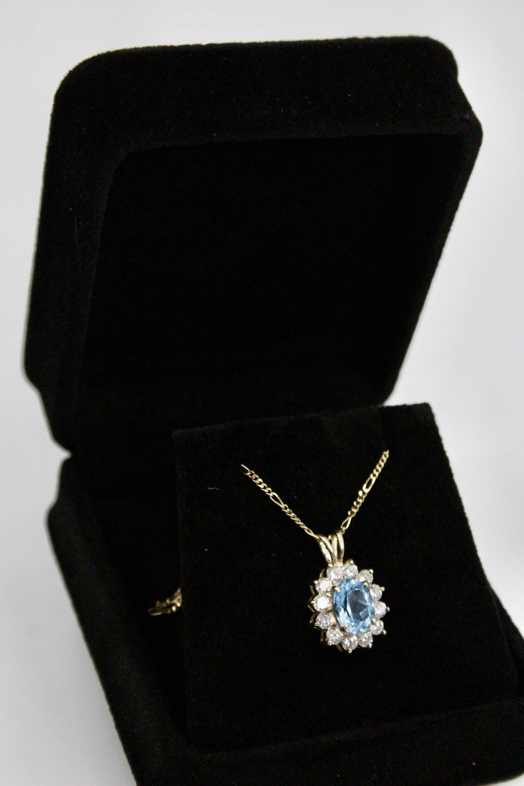 Blue Topaz Halo Pendant, 3.63 Carats 10K Gold