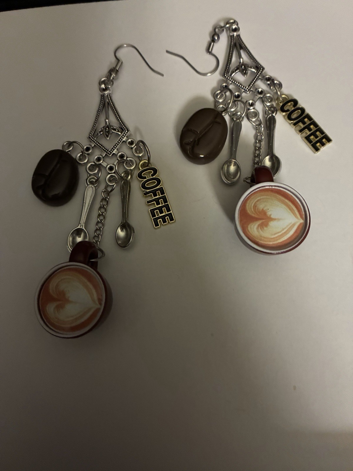 Handmade Coffee Charm Dangle Earrings with Cup and Spoon Charms
