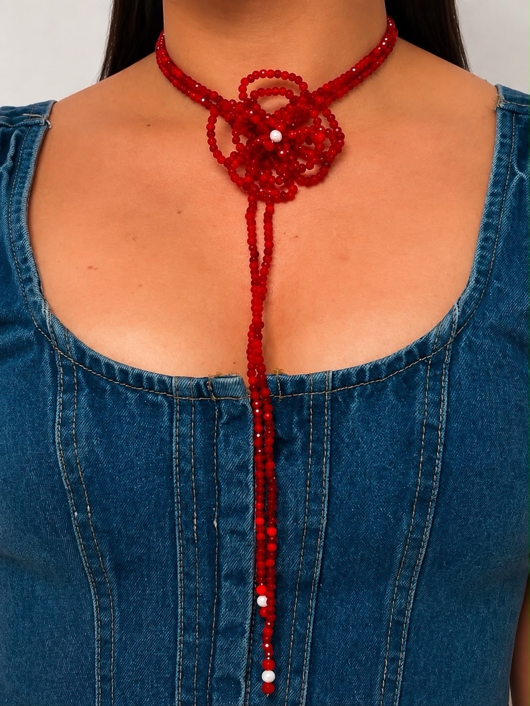 Red Beaded Flower Pendant Choker Necklace with Long Drop Dangle, White Accents