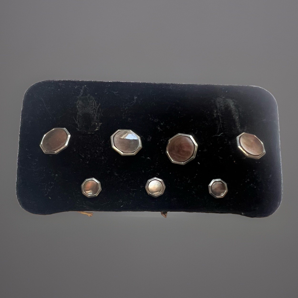 Art Deco Larter & Sons Mother of Pearl Shirt Stud Set 12K RGP Velvet Card