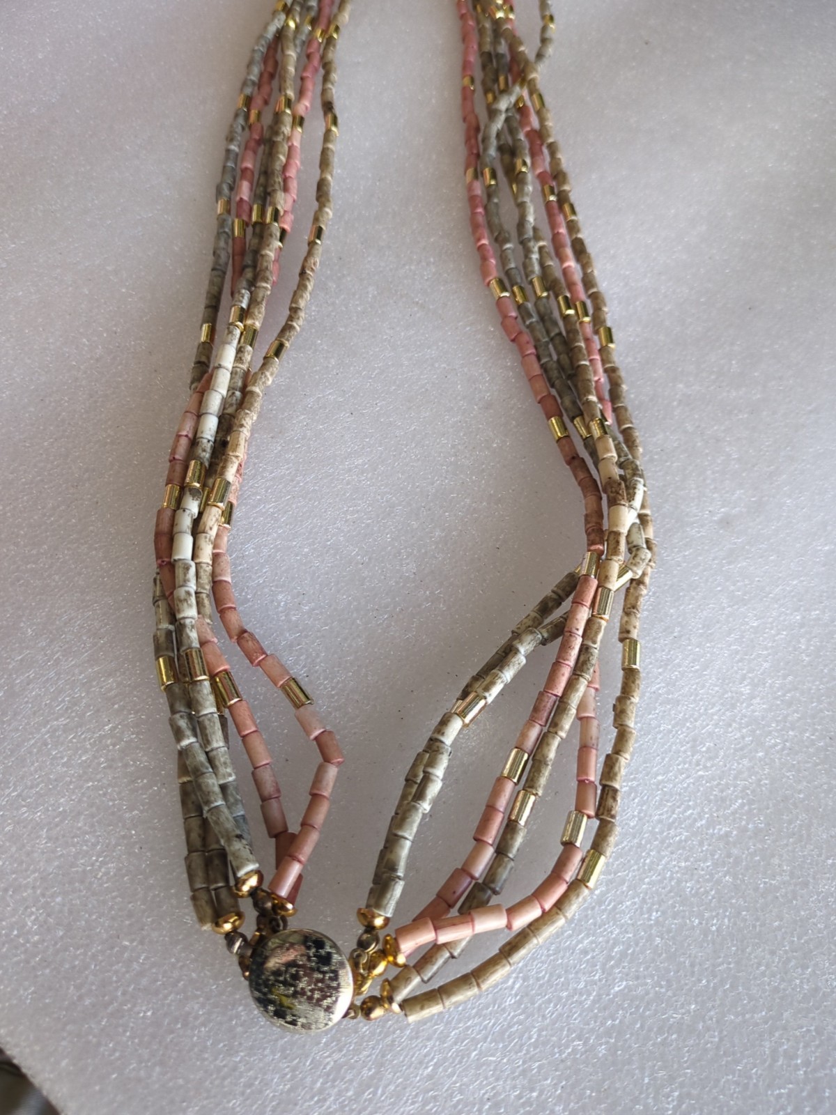 Vintage pink and gray beaded multi strand necklace circle box clasp gold