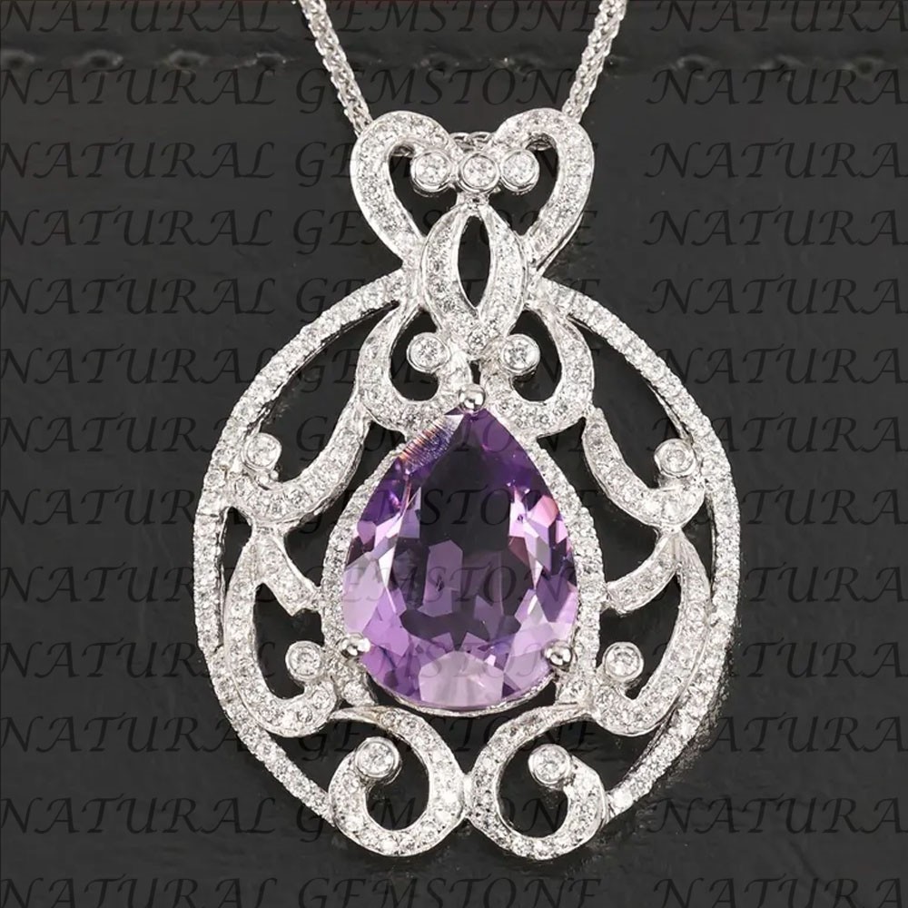 6.80Carat Pear Shape Natural Amethyst and Diamond Pendant 18K White Gold Plated
