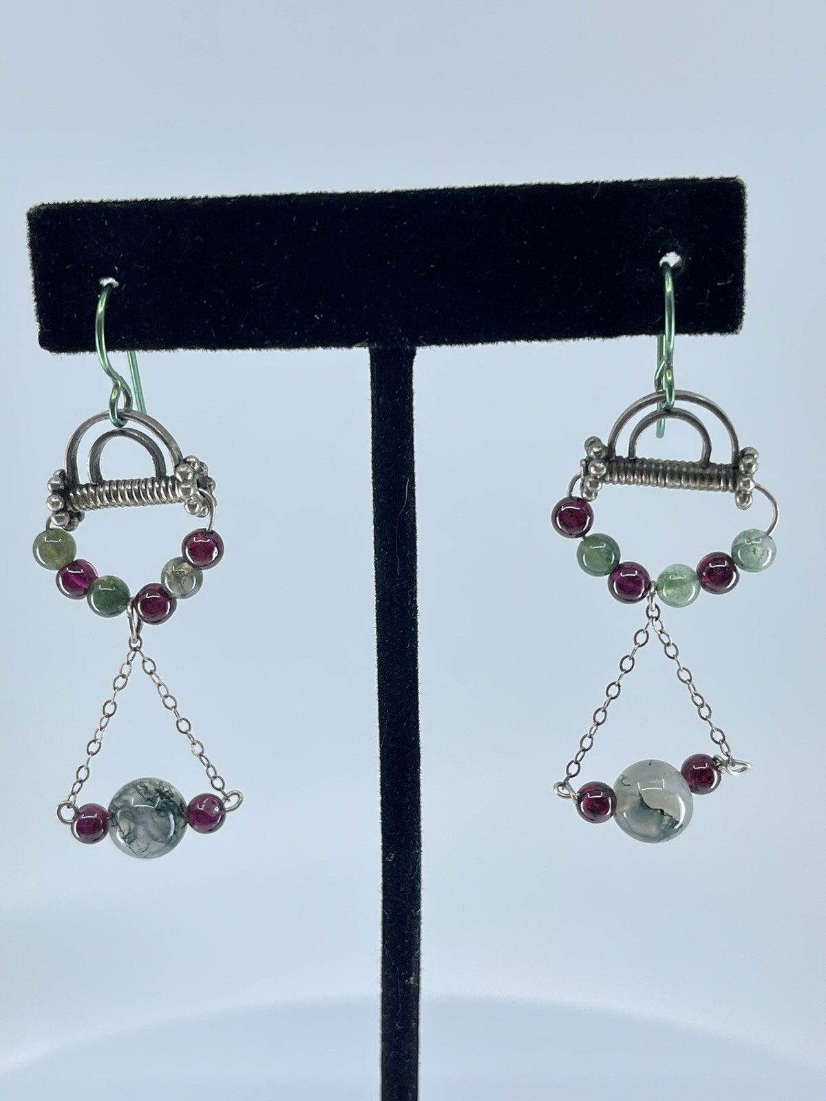 Sterling Silver Dangle pierced Earrings small lightweight round polished stones