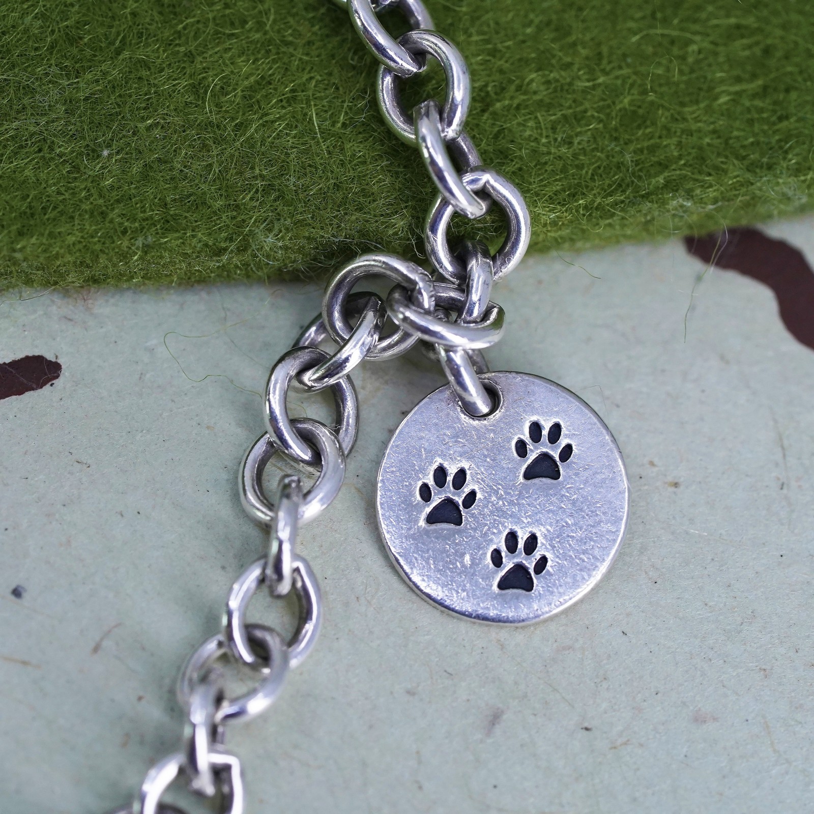 7″ 5mm, sterling 925 silver circle bracelet with dog pow print tag charms
