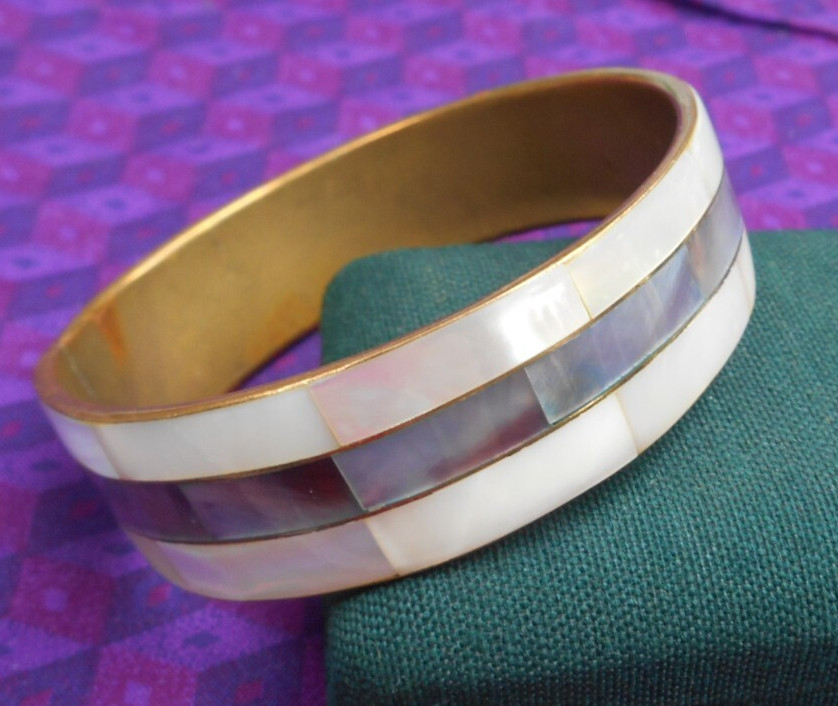 Bangle Bracelet White & Gray Inlaid Mother of Pearl Shell Jewelry