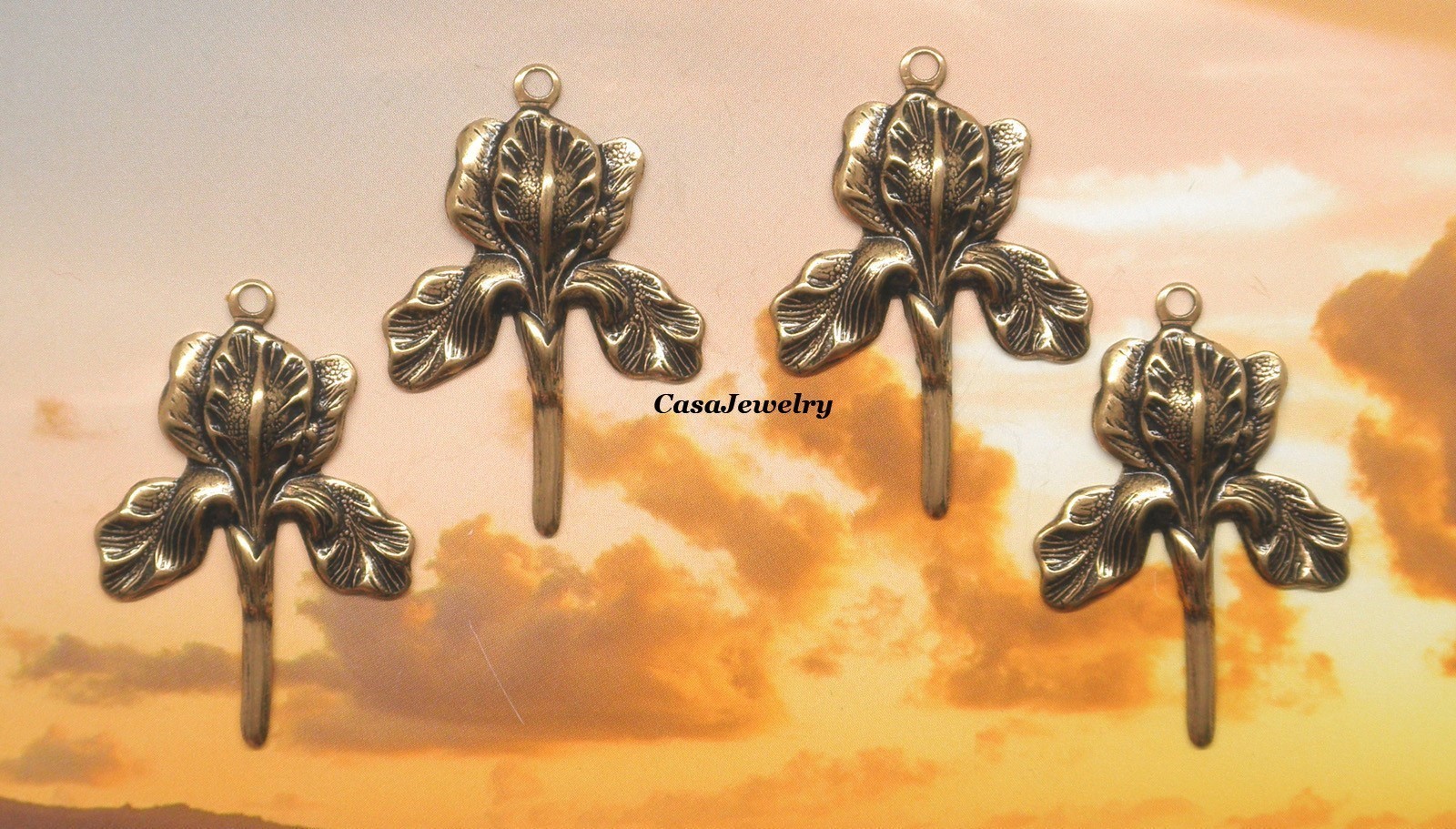 #0146 ANTIQUED GOLD IRIS DROP W/TOP HANG RING – 4 Pcs