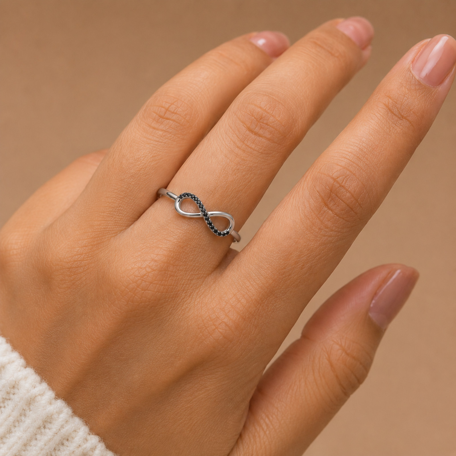 925 Sterling Silver Black Spinel Infinity Ring Minimalist Promise Gift for Women