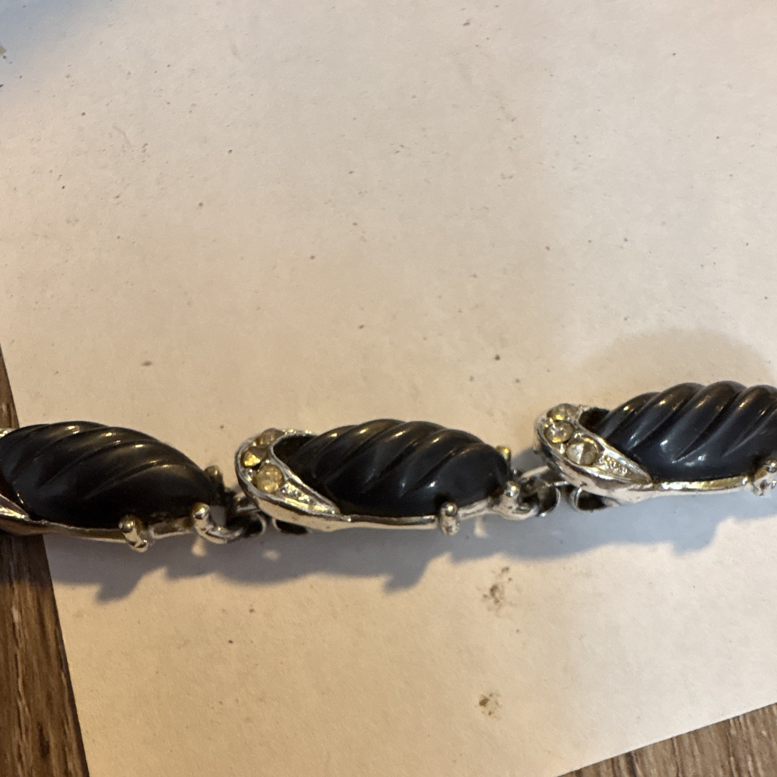 Silver Tone Black Onyx Marquise Link Chain Bracelet, Prong Set, Lobster Clasp