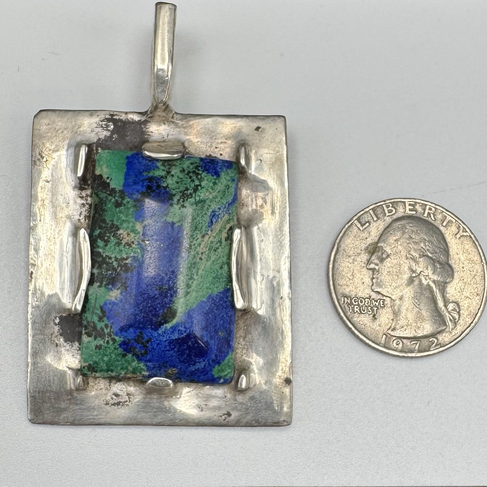 Artisan Sterling Silver Pendant Azurite Malachite 2 3/8″ x 1 1/8″ 40.0g