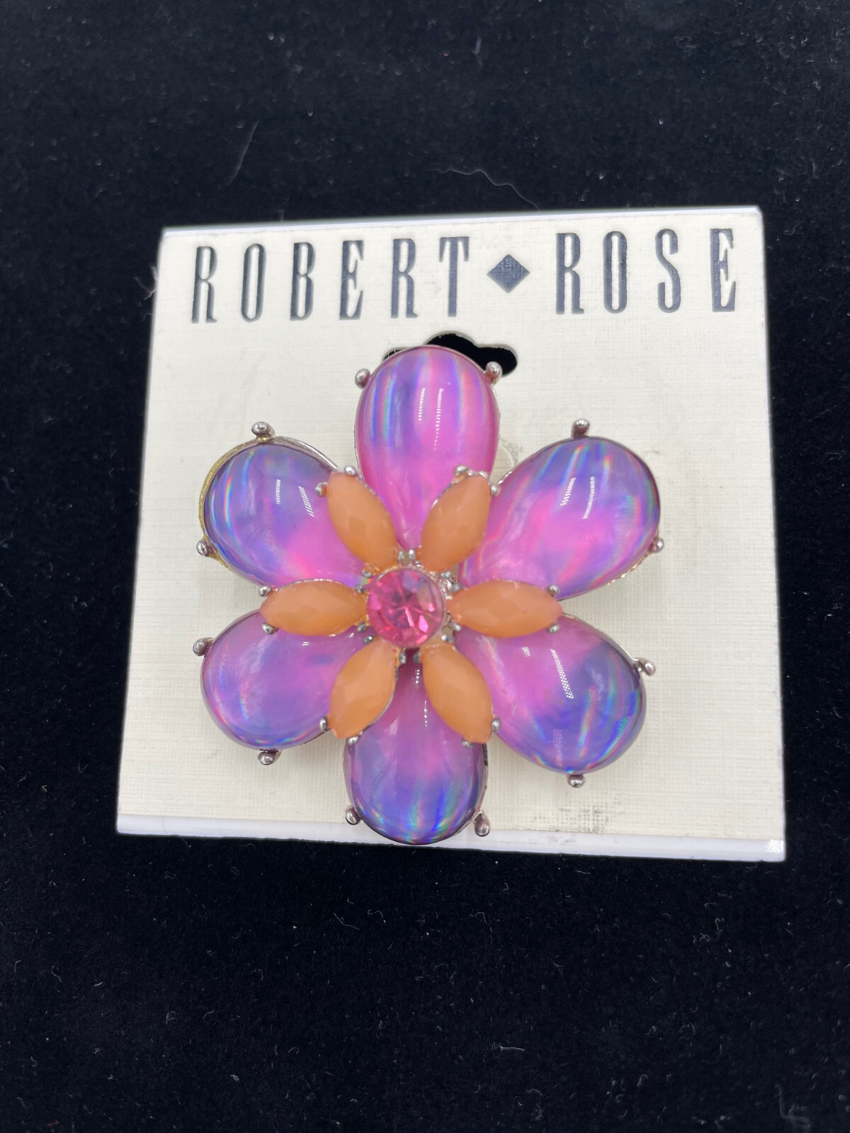 Vintage Robert Rose Flower Pin Brooch Purple Pink Orange New on Card