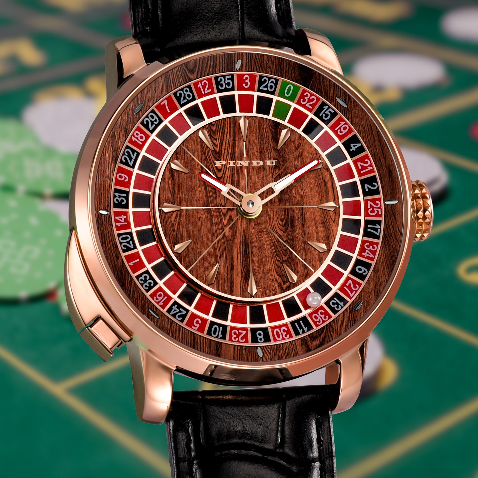 PINDU Roulette-Themed Rose Gold with Wood-Grain/Featured Dial Genuine Leather