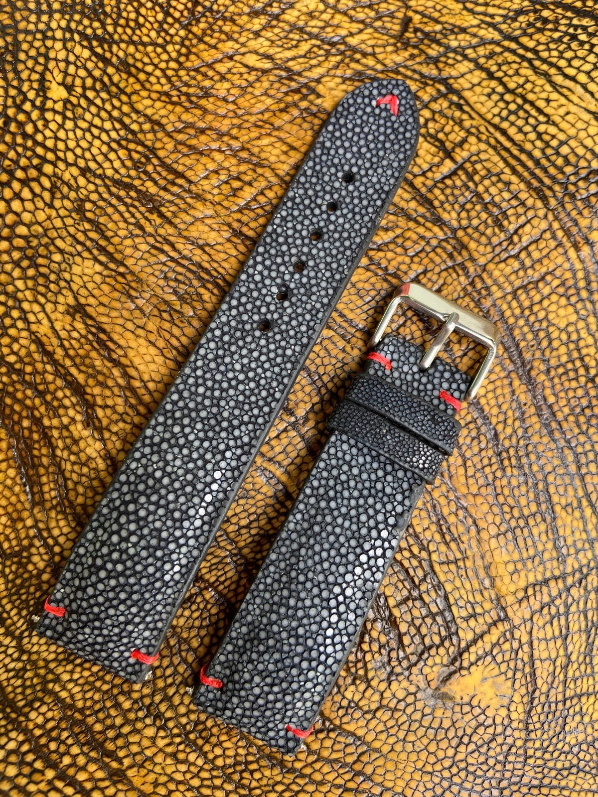 Black Stingray Leather Watch Strap Band, Size 18mm 19mm 20mm 21mm 22mm 24mm 26mm