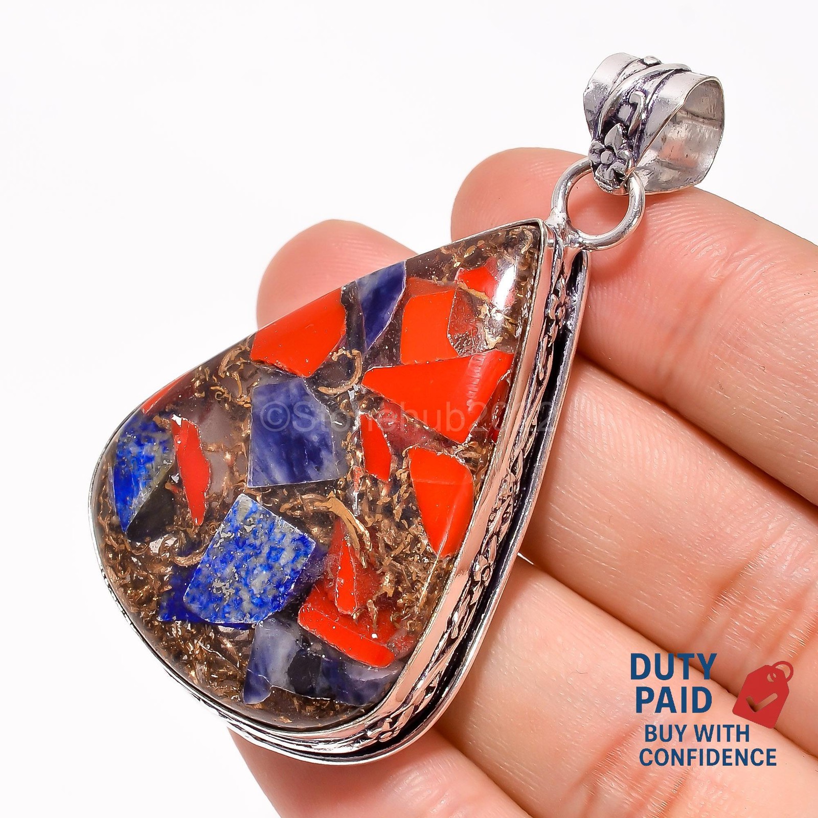 Natural Spiny Copper Lapis Lazuli Coral Sterling Silver Handcrafted Boho Pendant