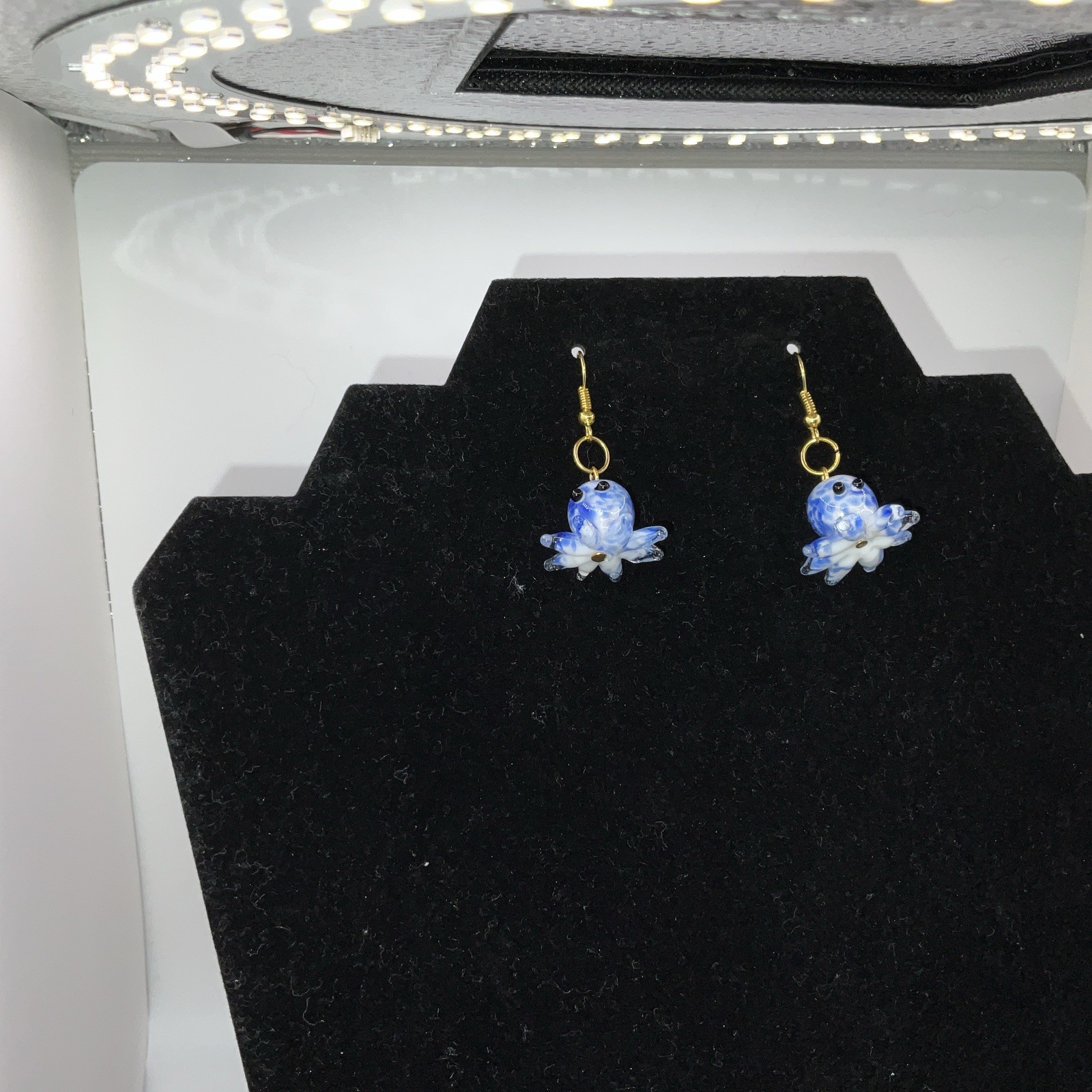 Blue & White Octopus Glass Earrings W/ Backs. Homemade 14k Extra Plated Gold New