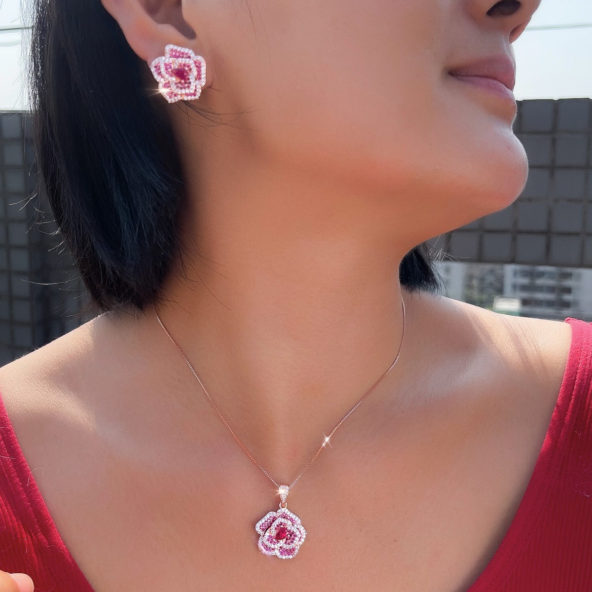 Rose Gold Plated Rose Red Flower Earring and Pendant Necklace Zircon Jewelry Set