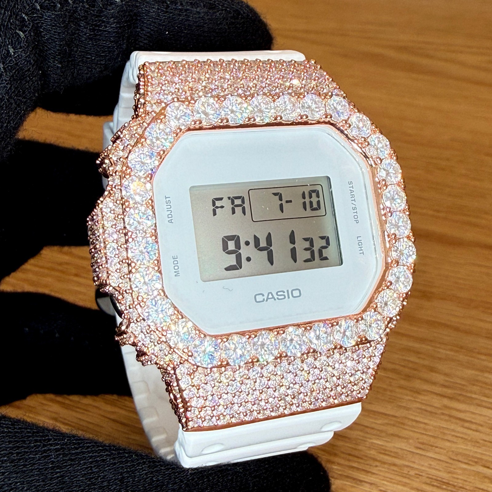 Authentic G Shock White DW5600 Custom Iced Out Moissanite Watch