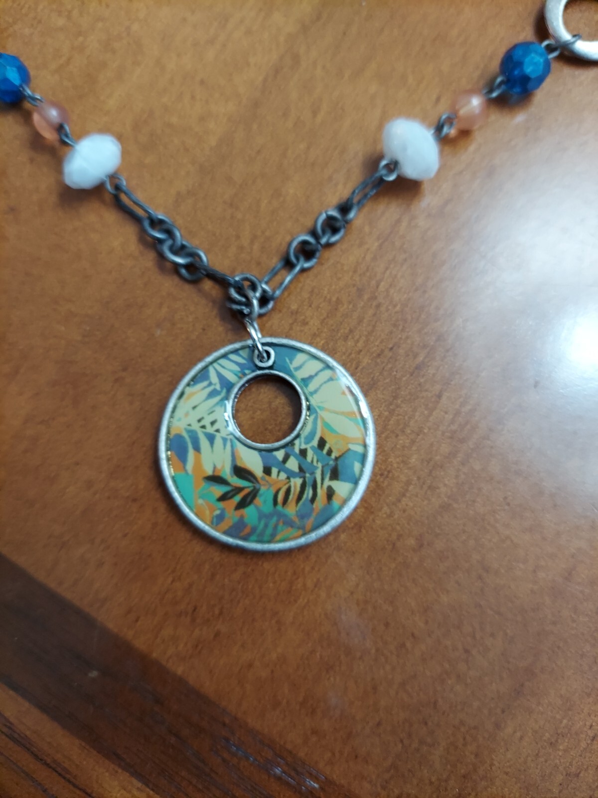 Chico’s Necklace Blue, White, Peach and Clear Beads With Colorful Round Pendant