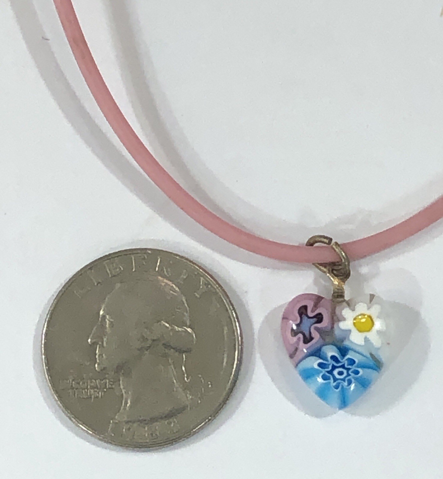 Millefiori Glass Pendant Necklace Heart w Sterling Silver Clasp – 15 inch Length