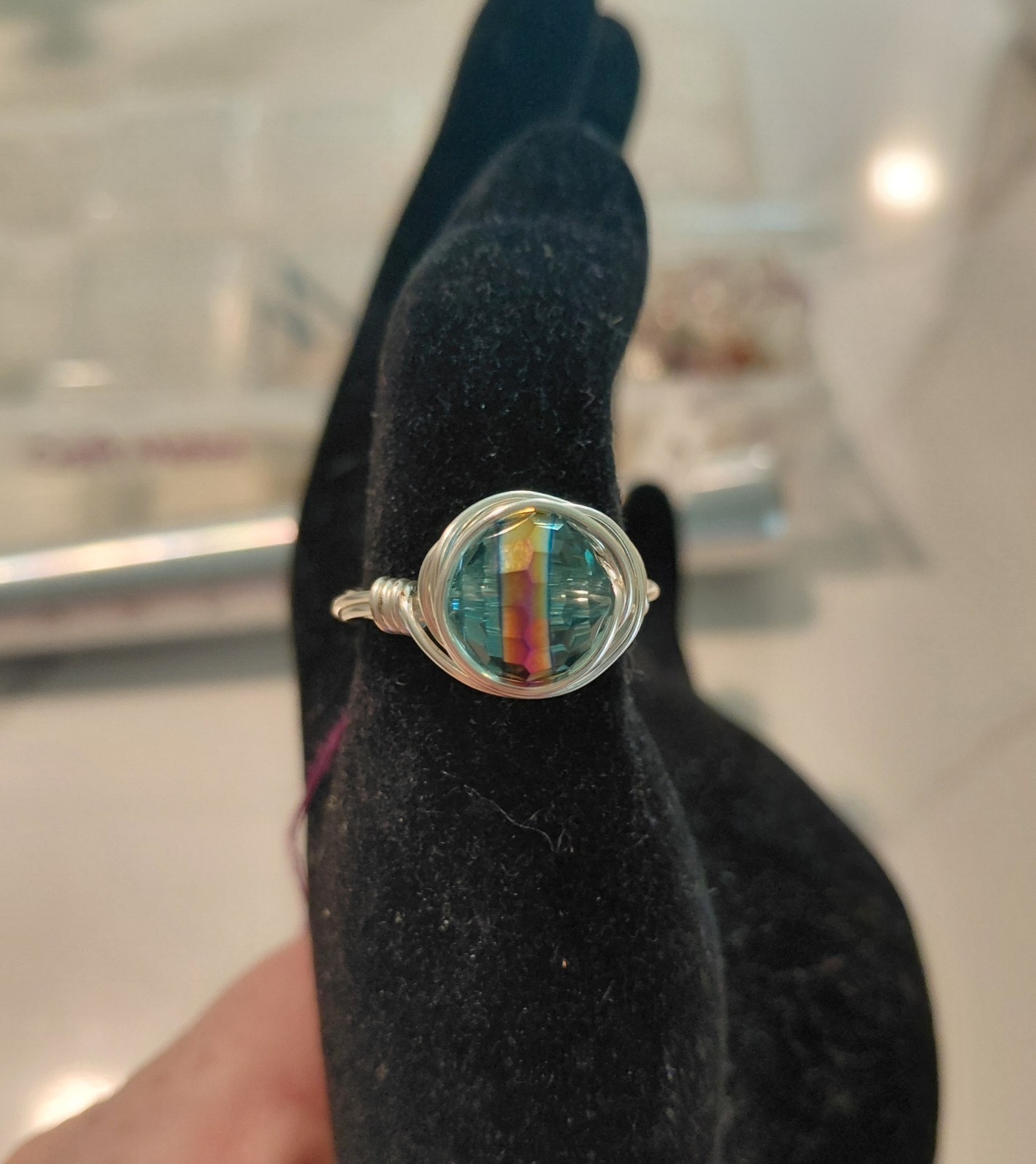 Silver Plated Copper Wire Wrapped Iridescent Glass Bead Ring Size 7.25