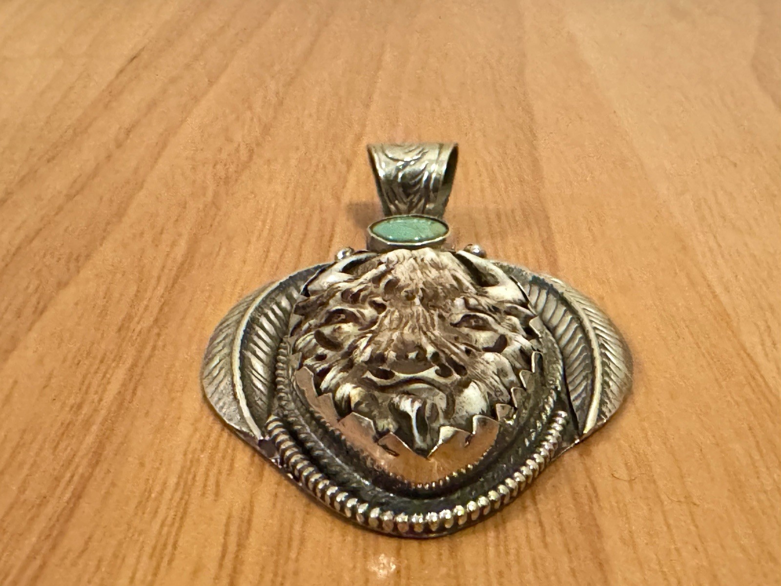 Hand Carved Bone Pendant,Bison Art,Auspicious Floral Carving,Turquoise & Silver