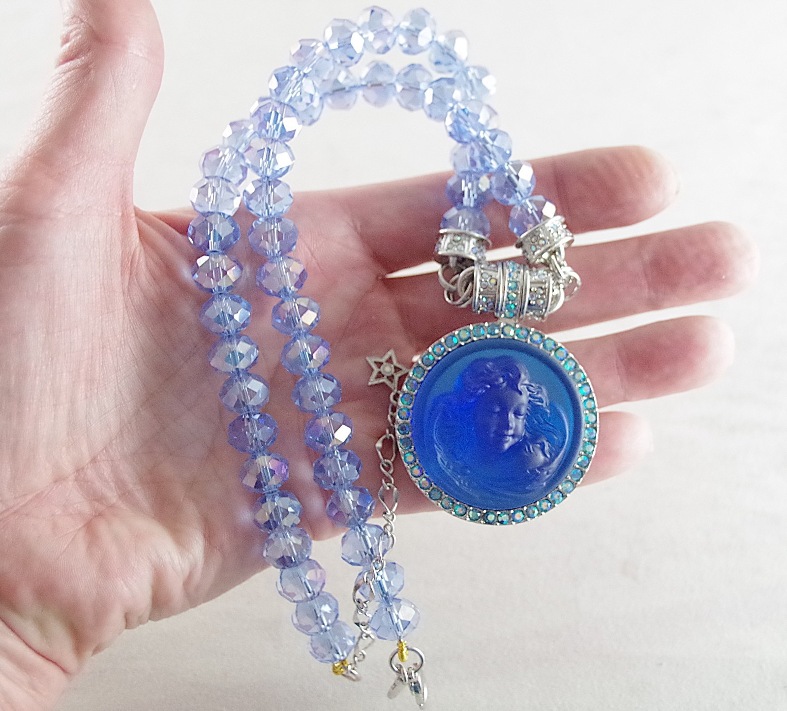 KIRKS FOLLY MAGNETIC CRYSTAL RHINESTONE BLUE ANGEL GODDESS SILVER TONE NECKLACE