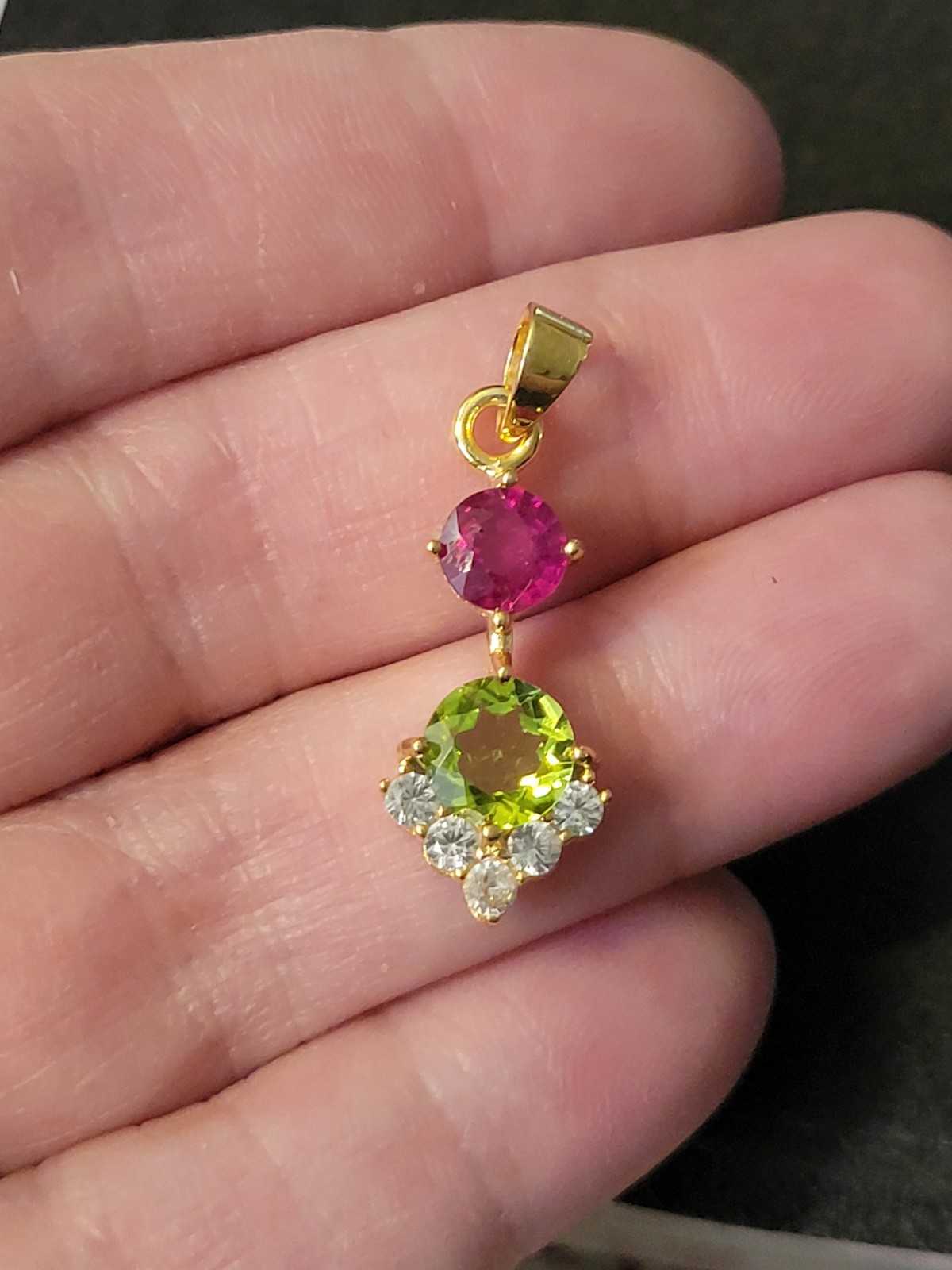 Natural Ruby & Peridot 925 Sterling Silver Gold Dangle Pendant 1193