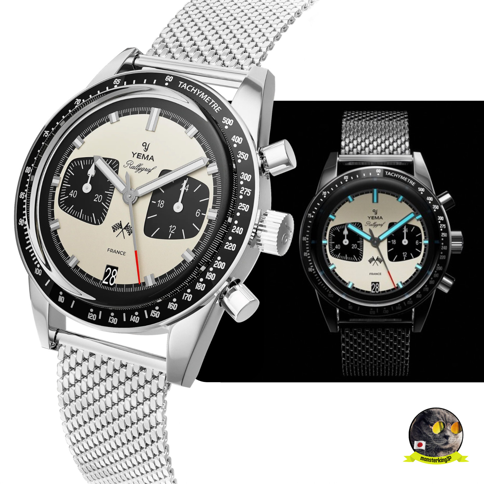 YEMA Rallygraf Chronograph Panda 39mm YMHF1580-BM beige-white Men’s Watch New
