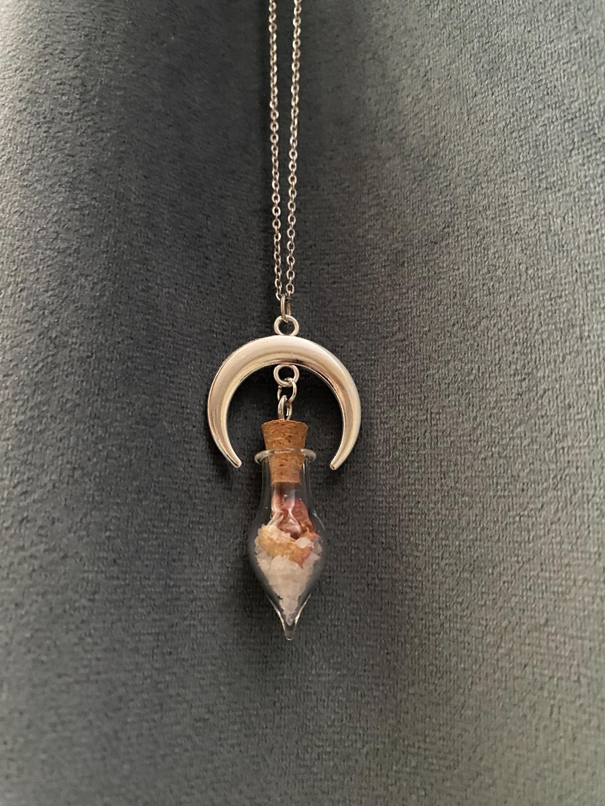 Crescent Moon Necklace Vial of Salt and Rose Petals Love Protection