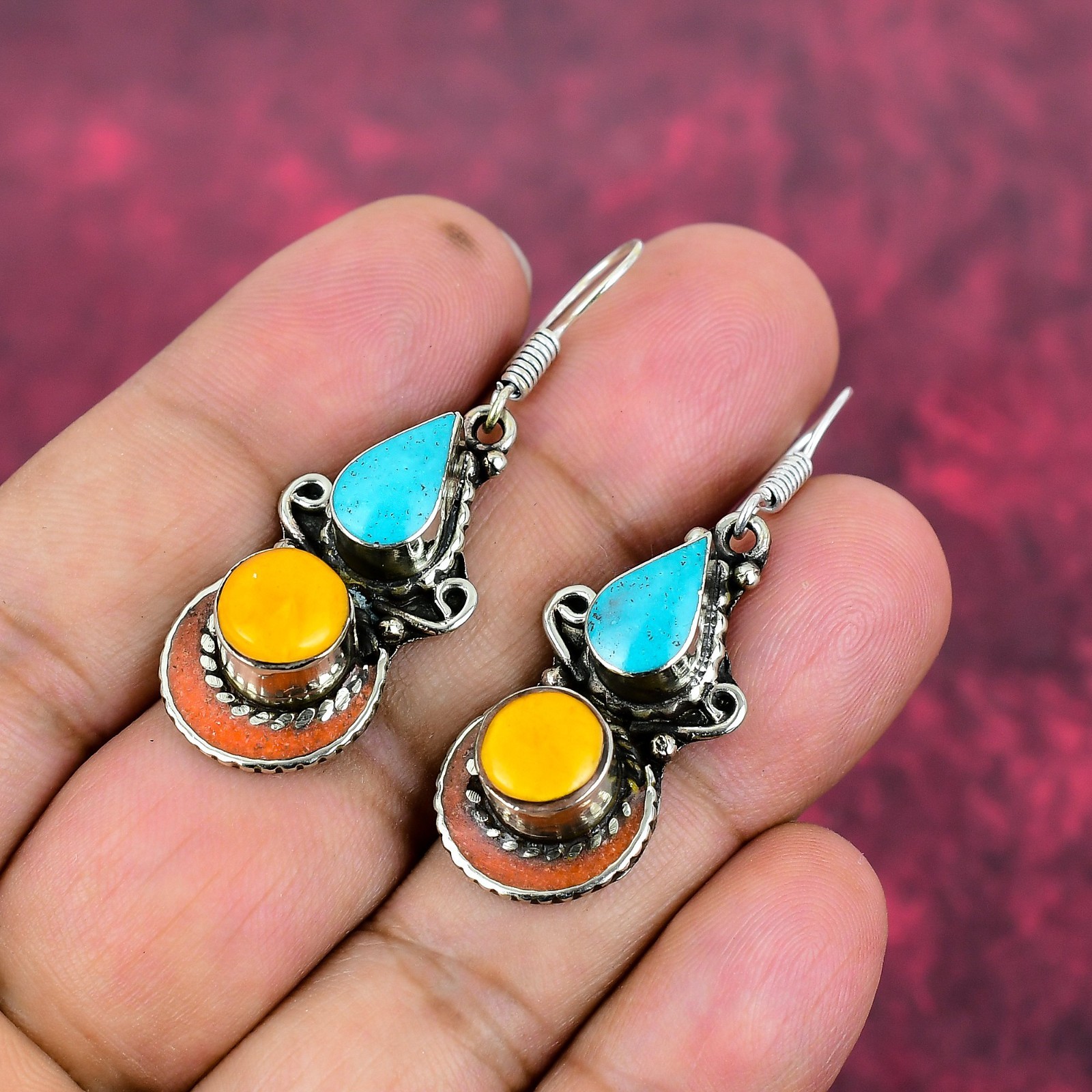 Blue Turquoise & Coral Gemstone 925 Silver Earrings Handmade Nepali Jewelry