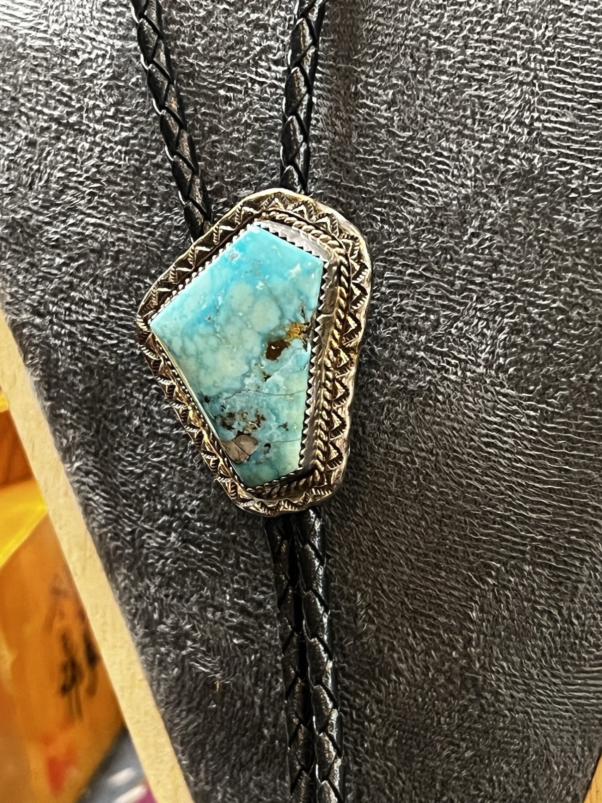 Vintage Southwestern Turquoise Bolo Tie Sterling Tips 32in Braided Leather