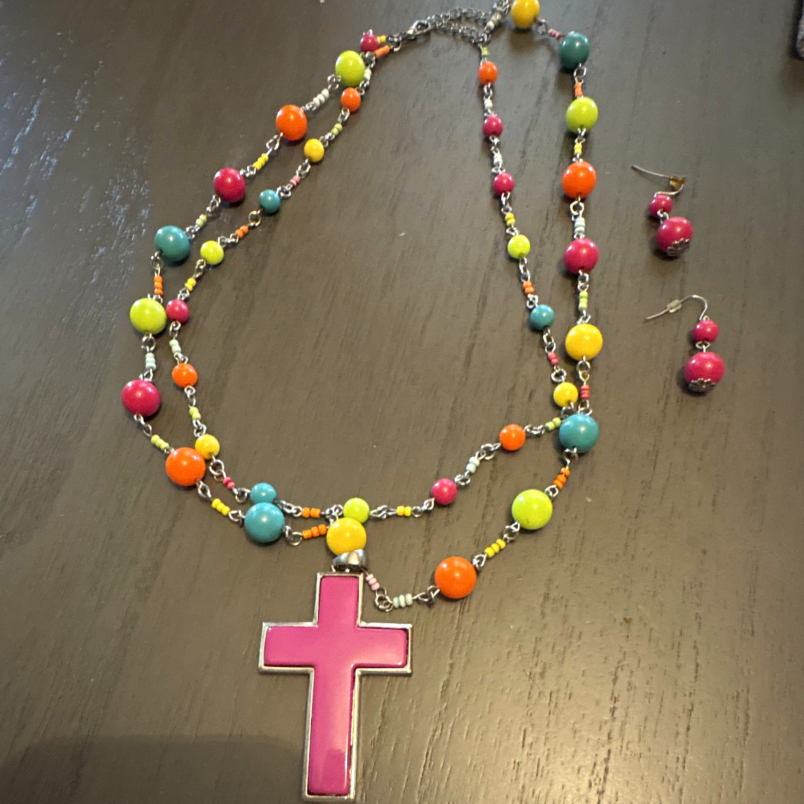 Multicolor Beaded Pink Cross Pendant Necklace & Matching Earrings Jewelry Set