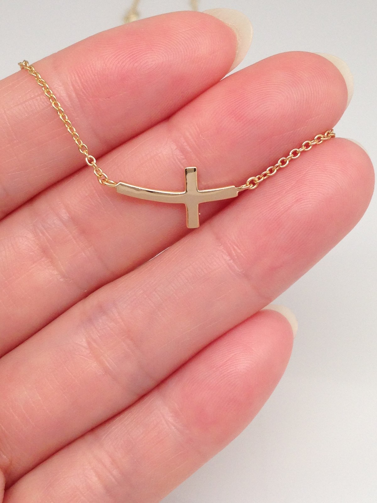 925 Sterling Silver Sideways Curved Plain Cross Pendant Necklace Women 15mm 17.5