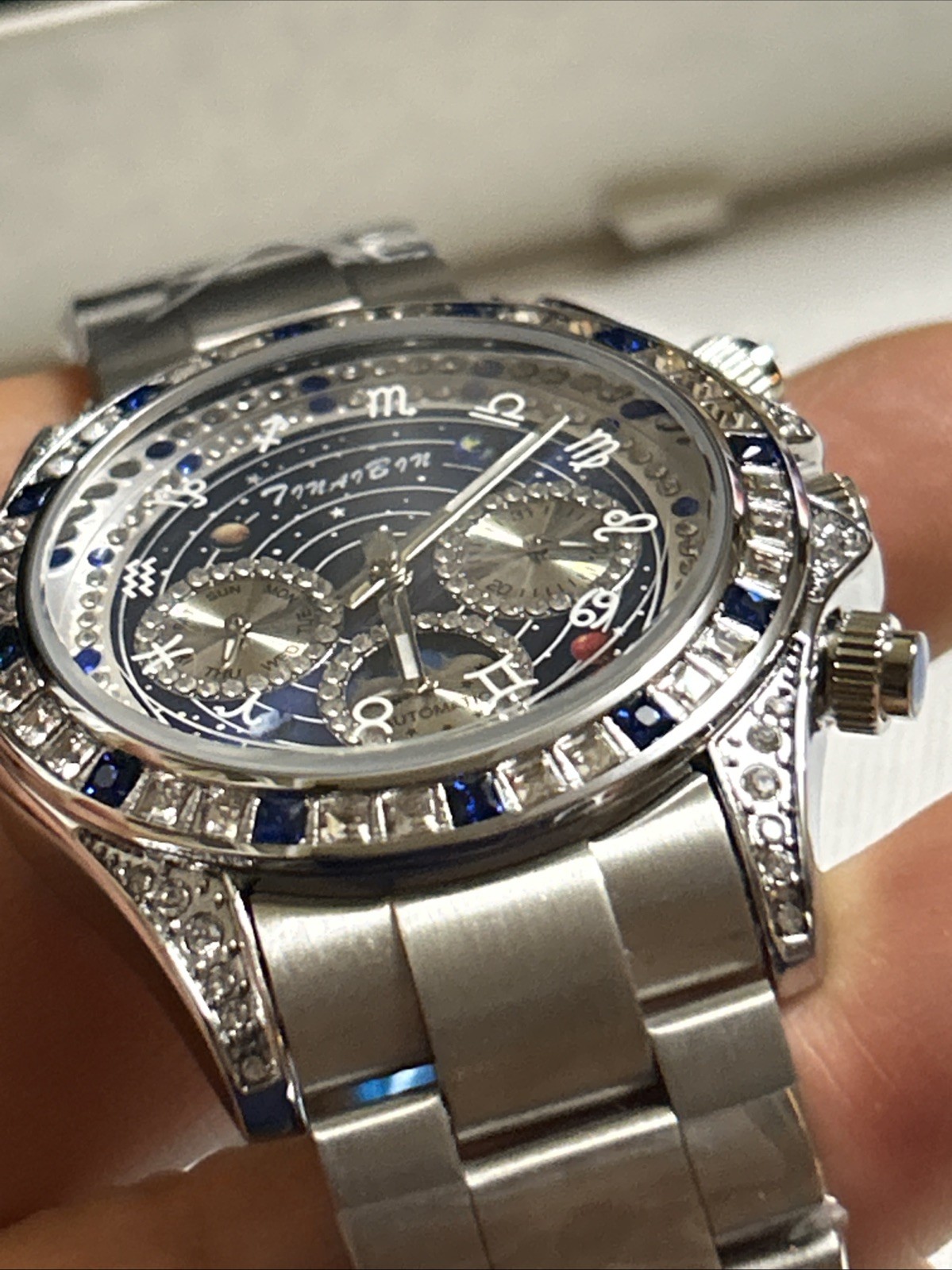 Stunning Celestial Blue Starry Dial Automatic Luxury Watch Blue Stainless