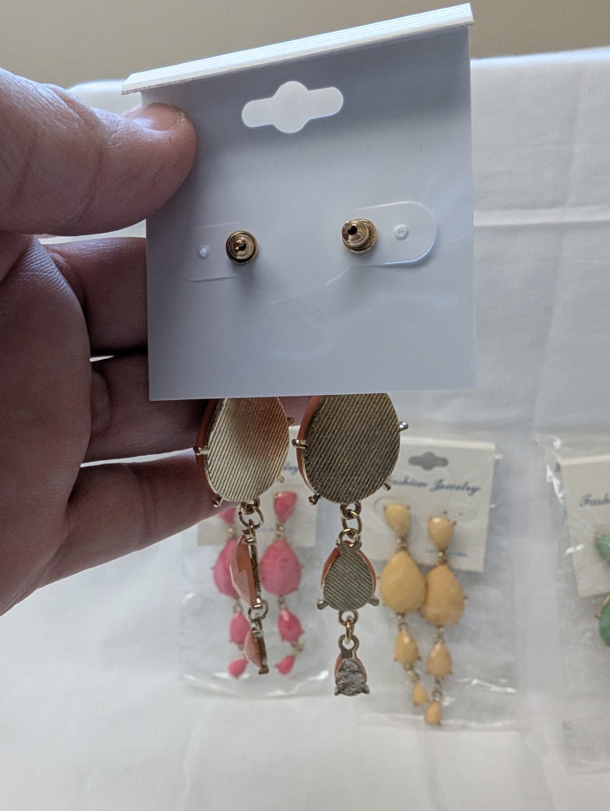 4 Pairs Colorful Dangle Post Earrings 3 inches Long Pink, Green, Orange, Yellow