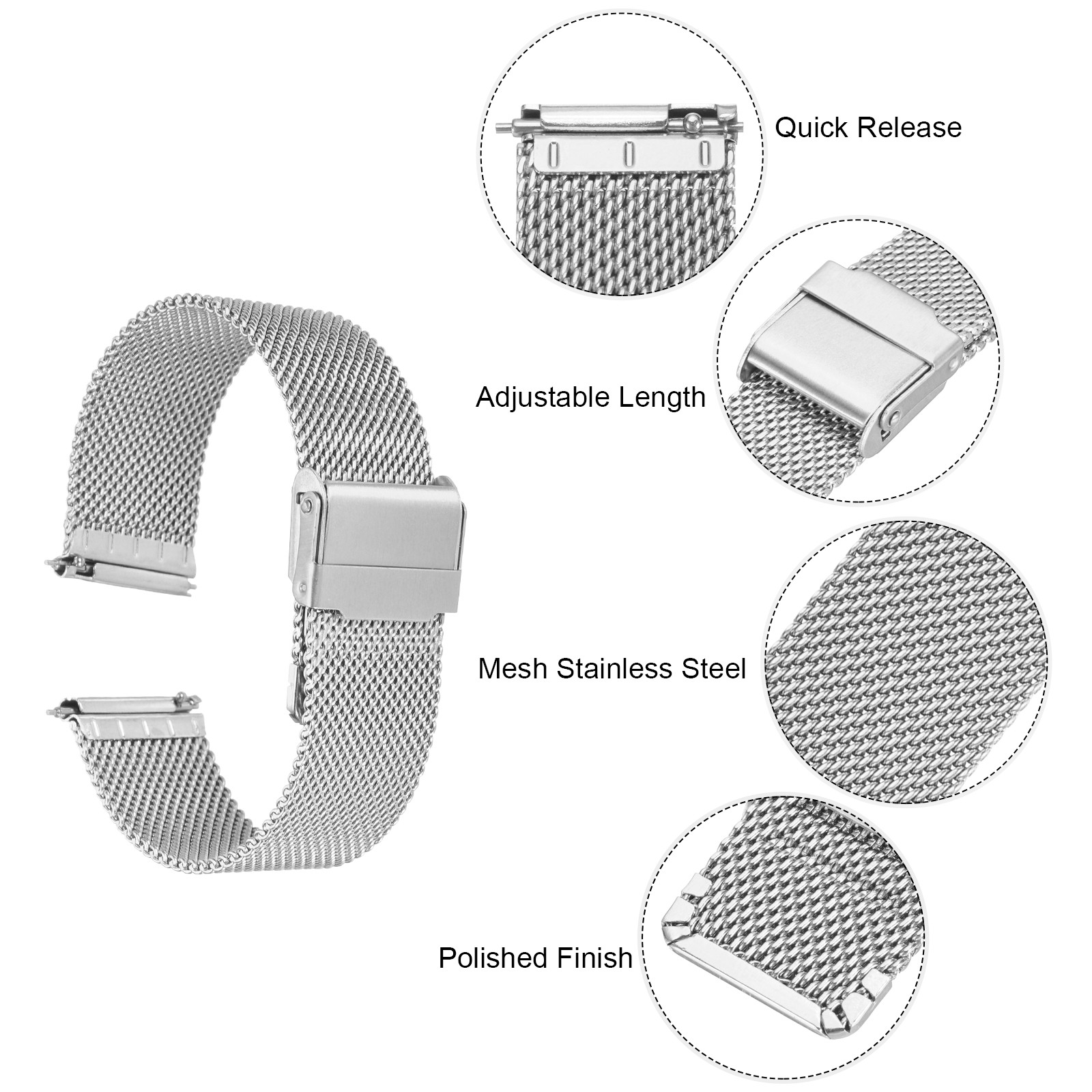316L Stainless Steel Mesh Watch Band 21mm Quick Release Adjustable Silver