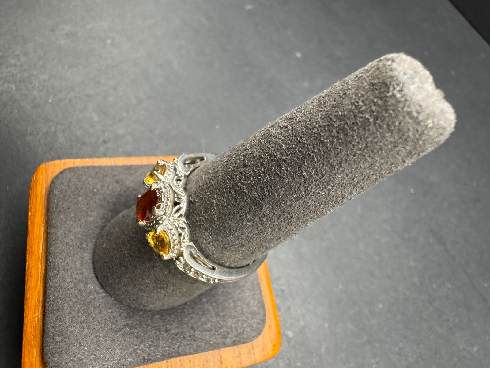 Vintage Sterling Silver 925 Hessonite Citrine Three Stone Halo Ring Accent
