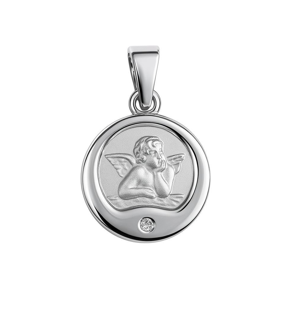 Silver 925 Ladies Shiny Pendant 12mm “Angel in Round” with Diamond 0.005ct