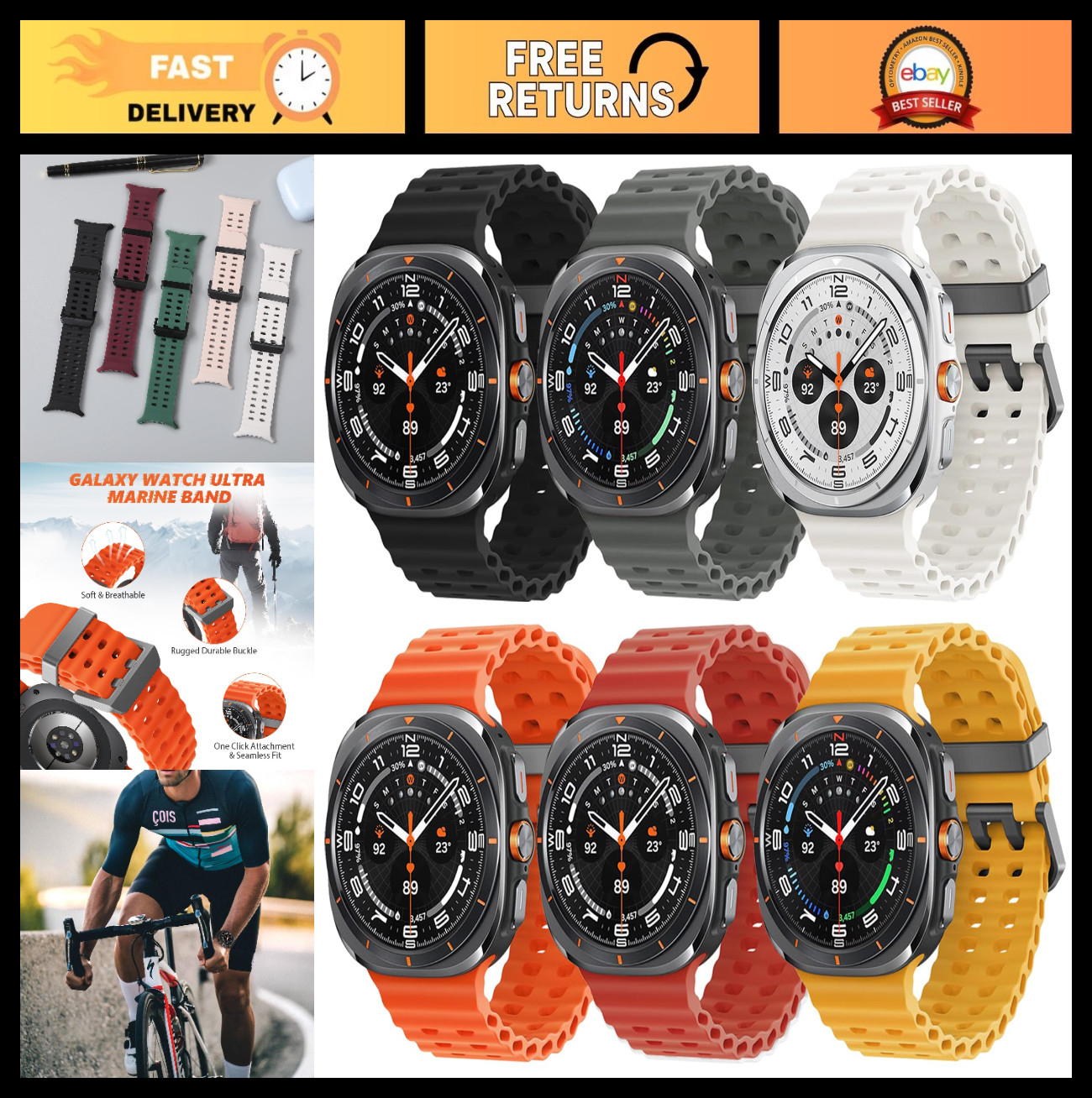 6 Pack Waterproof Silicone Bands for Samsung Galaxy Watch Ultra 47mm, Soft Sport