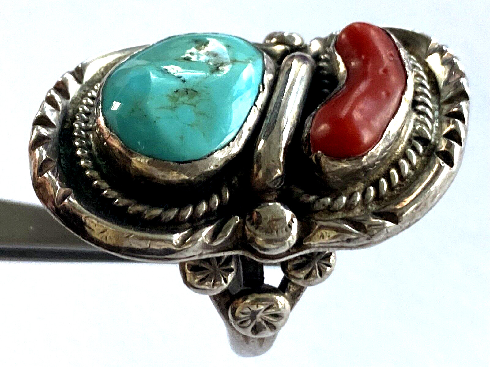 Vintage Native American Turquoise Red Coral Men’s Ring 28.41gr Size 12