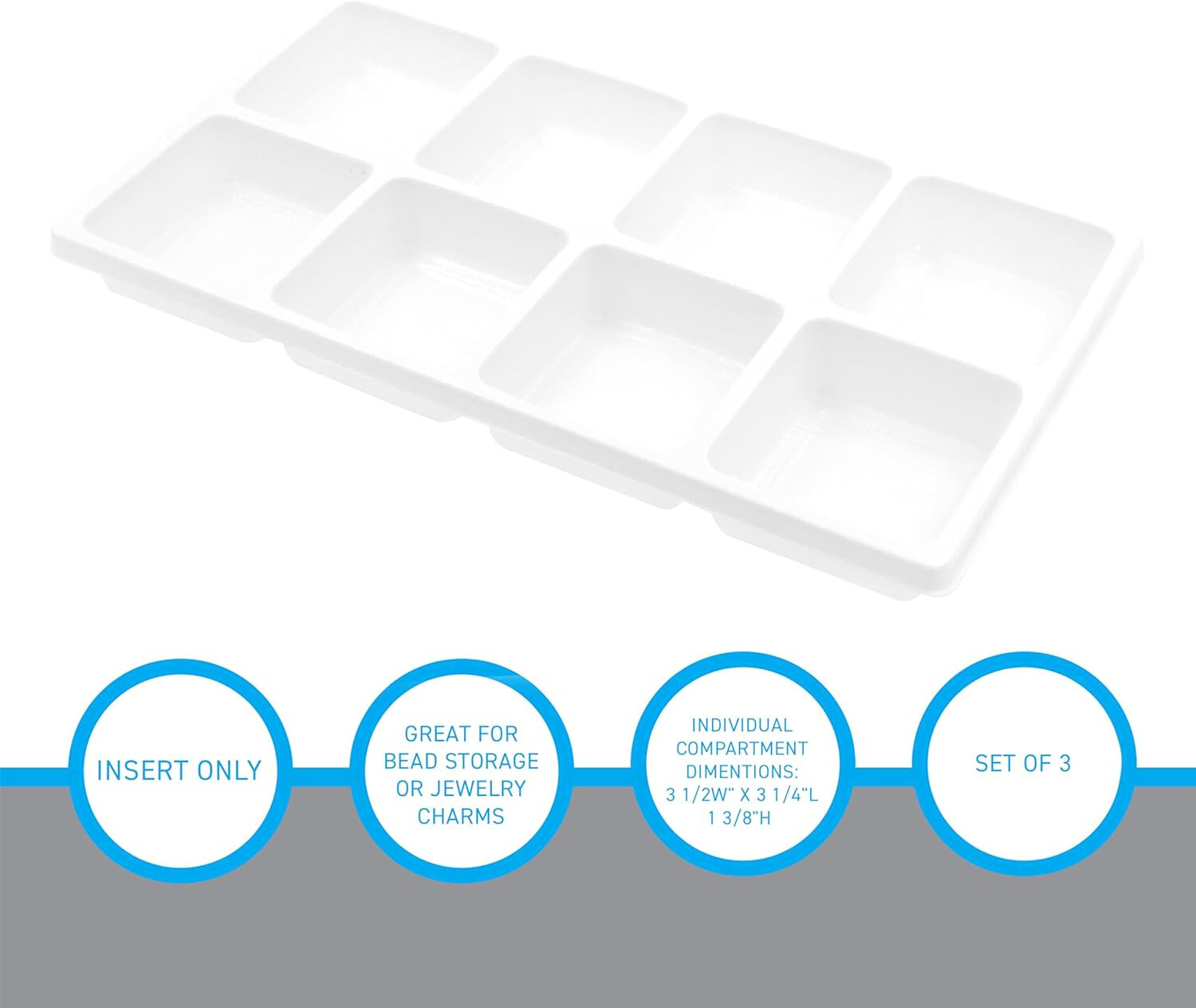 12 Tray Inserts 8 Compartment Liners White Jewelry Plastic 14″ x 7 ½” x 1 3/8 “