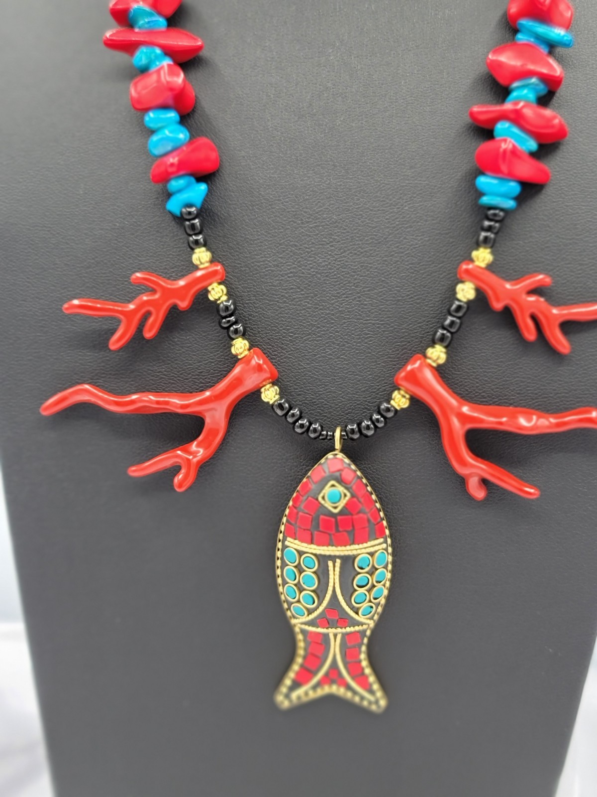 Red Turquoise Black Gold Beaded Necklace Fish Charm Pendant Lobster Clasp