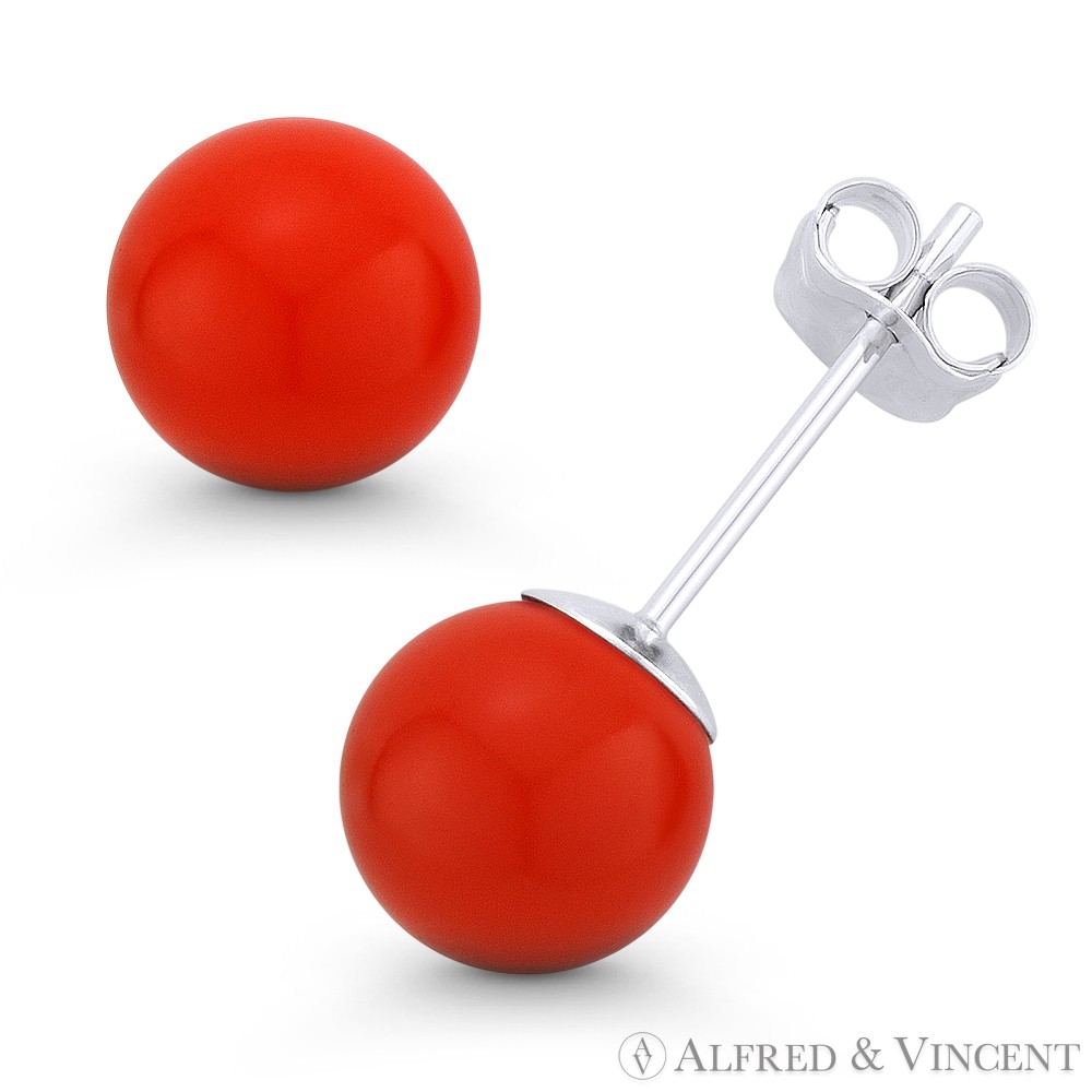 3 to 10mm Orange Coral Ball Studs Pushback Stud Earrings in 14k 14kt White Gold