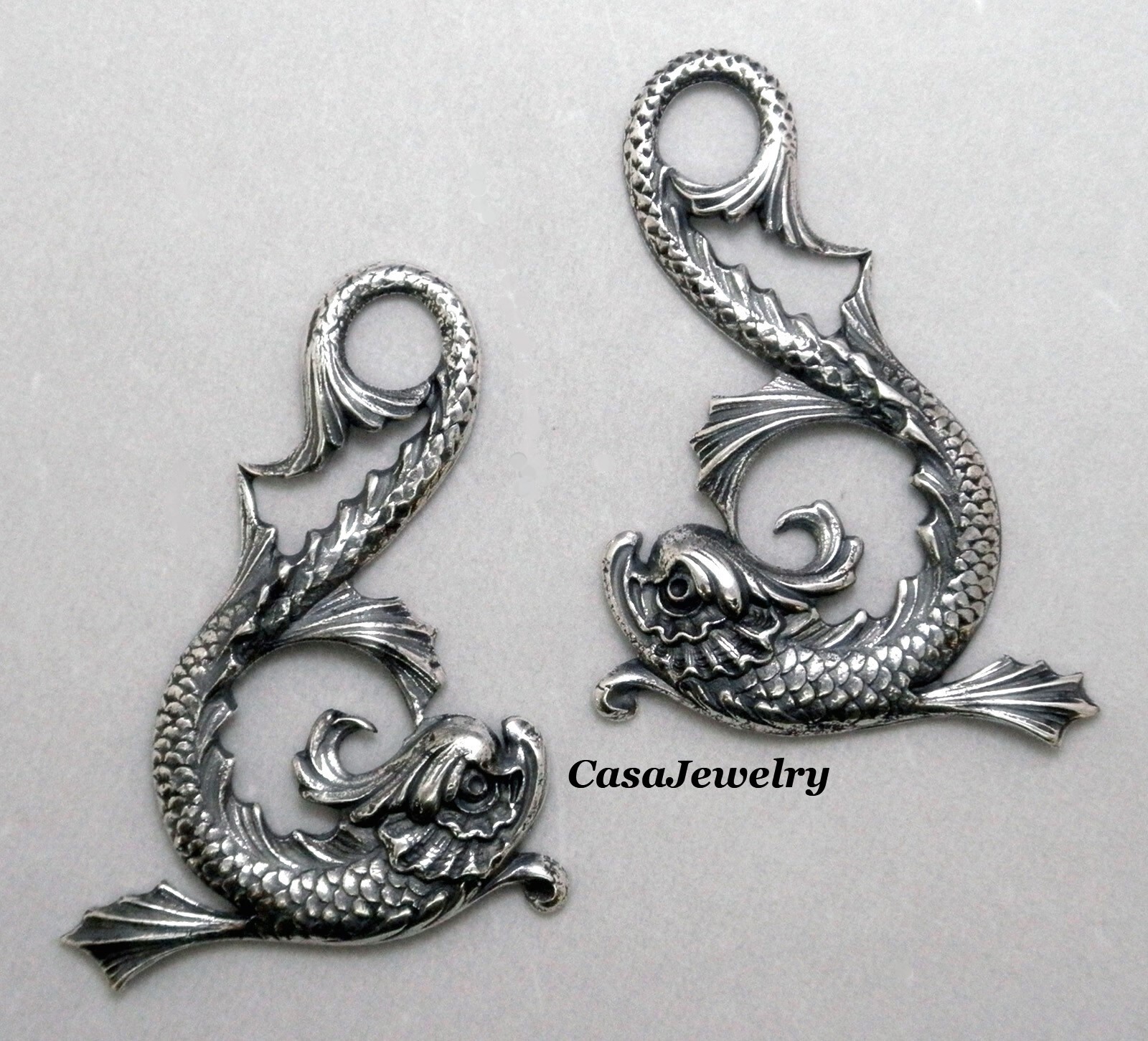 #2167 ANTIQUED STERLING SILVER PLATED ANCIENT DOLPHIN L+R’s – 2 Pc Lot (1 Pr)