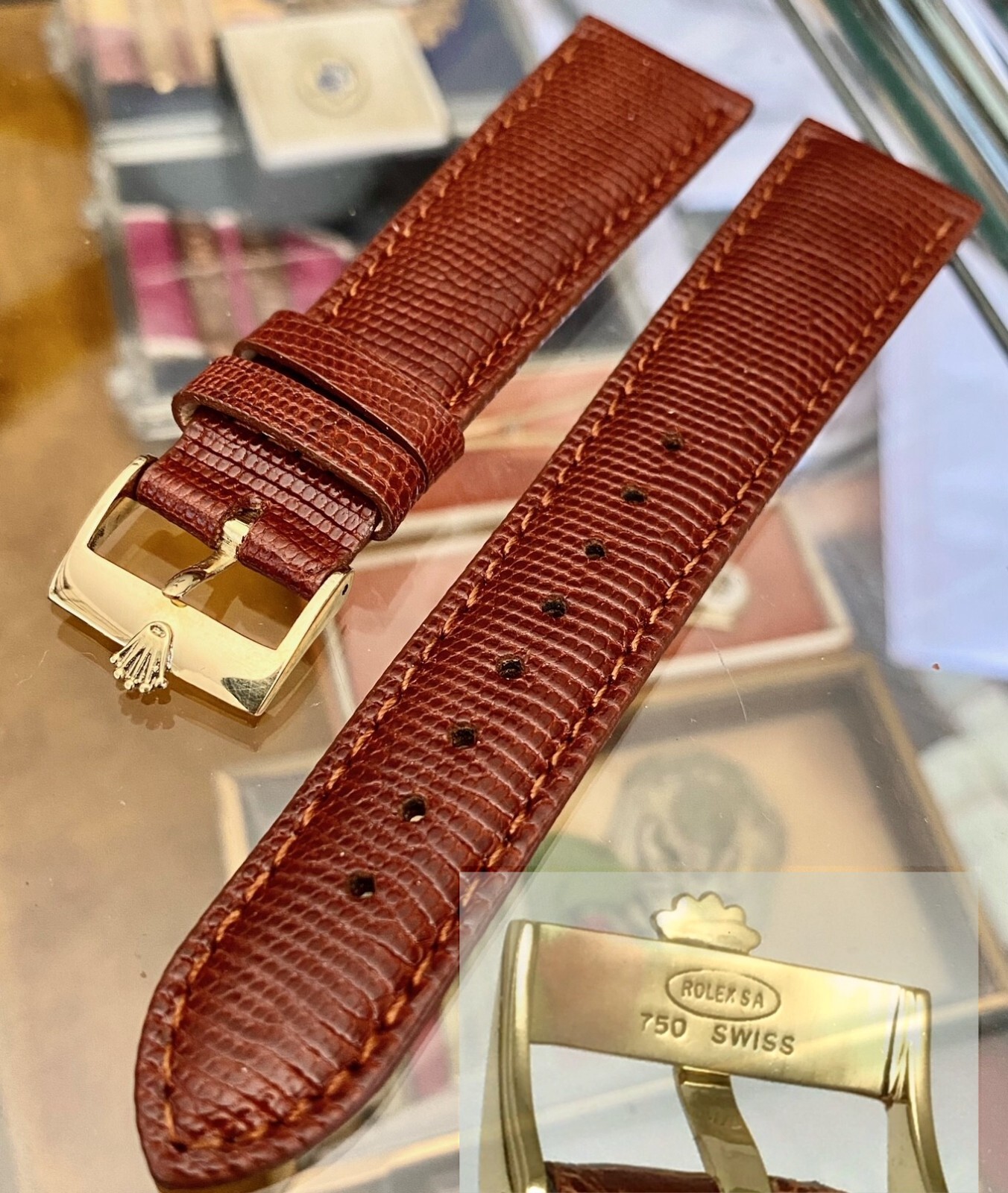ROLEX 18k GOLD 16mm Logo Buckle Cognac Color Genuine LIZARD 20mm Strap